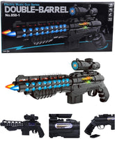 Electric Music Double-Barrel Toy Gun with Lights and Sound Effects, Battery Operated, Ages 3+, Model 850-1, Black