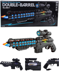 Electric Music Double-Barrel Toy Gun with Lights and Sound Effects, Battery Operated, Ages 3+, Model 850-1, Black