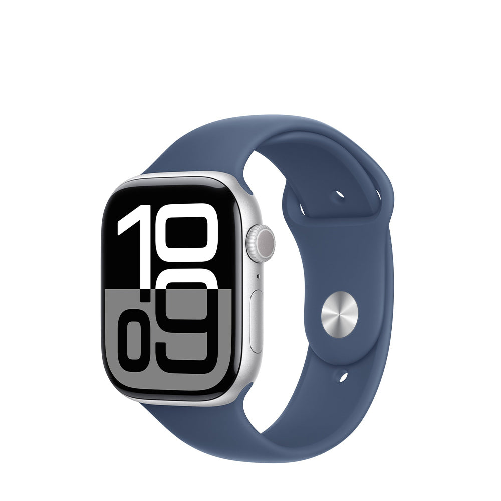 Apple Watch Series 10 GPS, 46 mm Silver Aluminium Case with Denim Sport Band - S/M, MWWL3QA/A