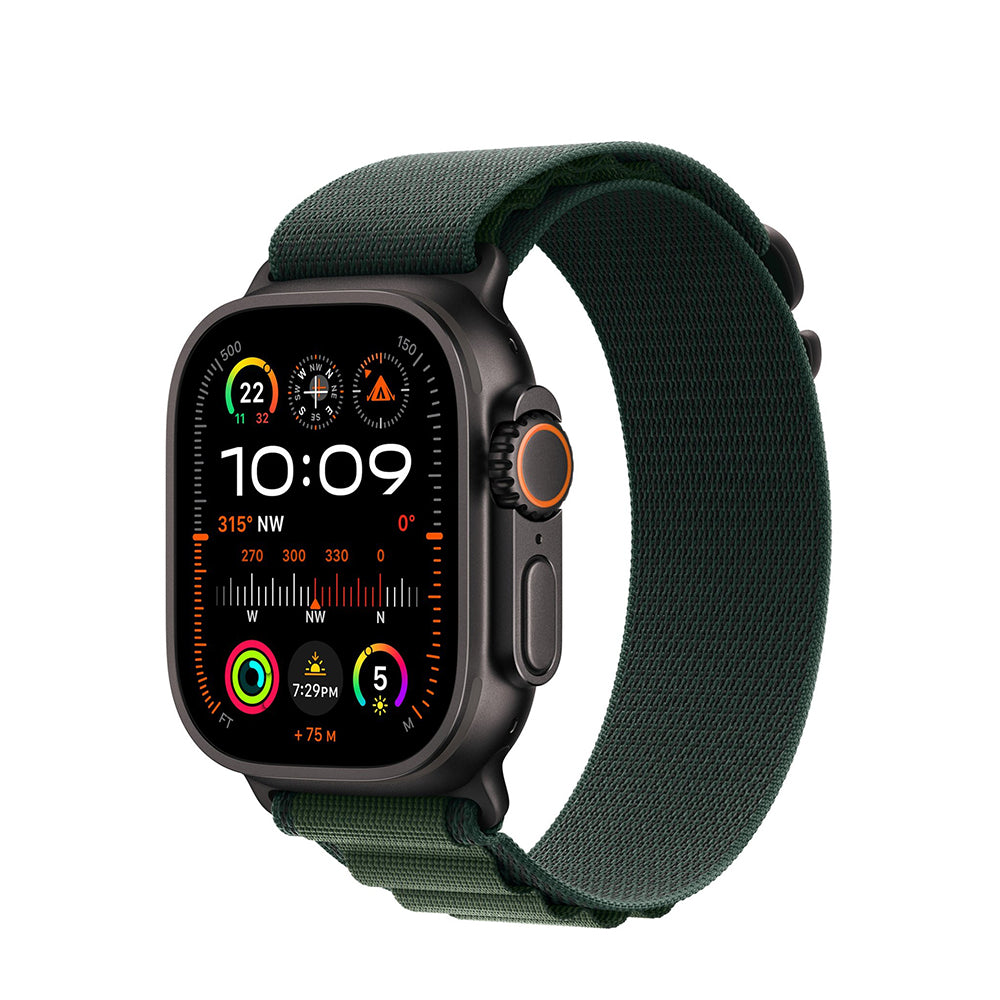 Apple Watch Ultra 2 GPS + Cellular, 49 mm Black Titanium Case with Dark Green Alpine Loop - Medium