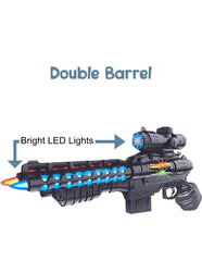 Electric Music Double-Barrel Toy Gun with Lights and Sound Effects, Battery Operated, Ages 3+, Model 850-1, Black