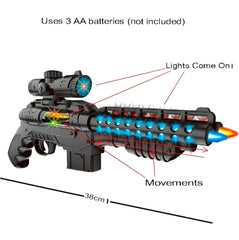 Electric Music Double-Barrel Toy Gun with Lights and Sound Effects, Battery Operated, Ages 3+, Model 850-1, Black