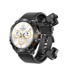 Porodo Hype Smart Watch with Earbuds,lack dial and Black Leather Band