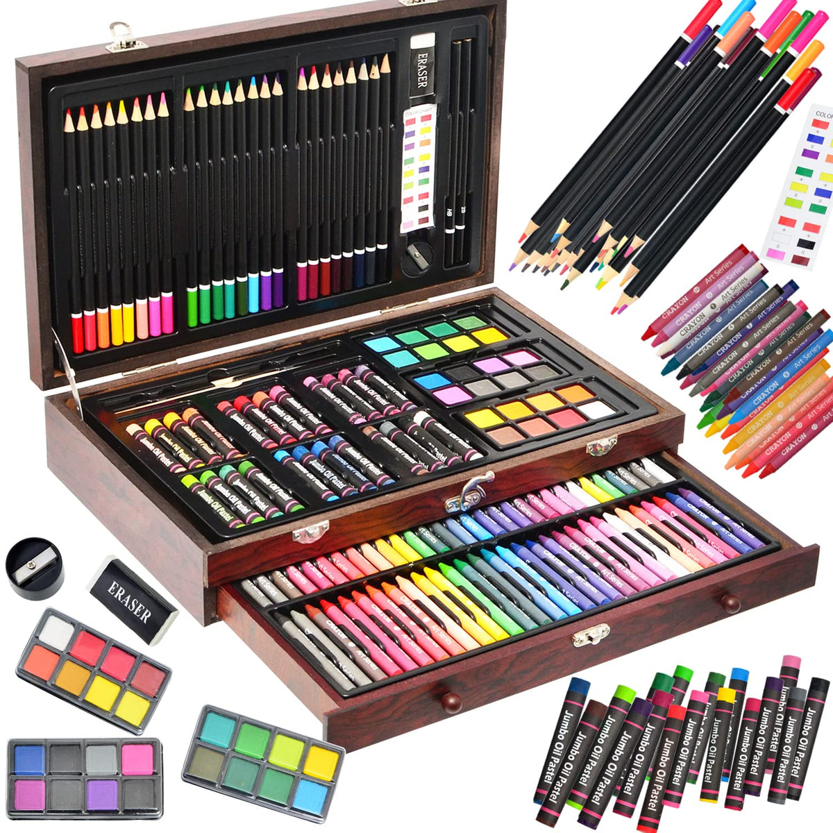 Tyko Arts Wooden Box Coloring Set, 143Pc Drawing Supplies, Portable Painting Kit for Kids, Adults, Teens - Gift for Girls Ages 7-12 and Up
